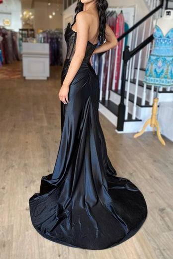 Corset Black Mermaid Strapless Prom Dress with Slit