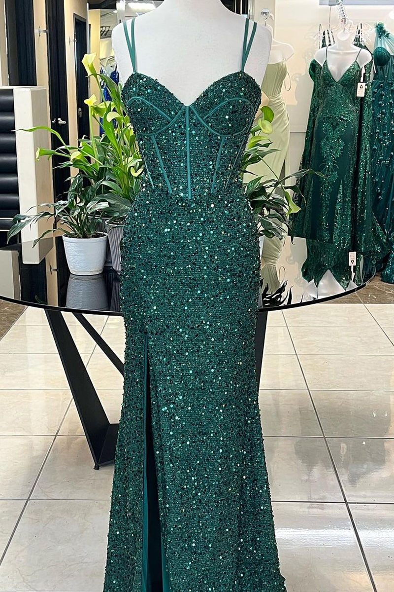 Load image into Gallery viewer, Sequins Corset Dark Green Mermaid Prom Dress