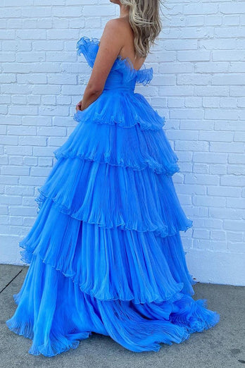 Tiered Tulle Pleated White A Line Strapless Prom Dress