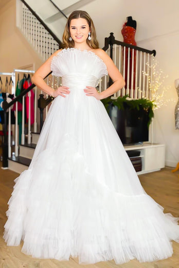 Tiered Tulle Pleated White A Line Strapless Prom Dress