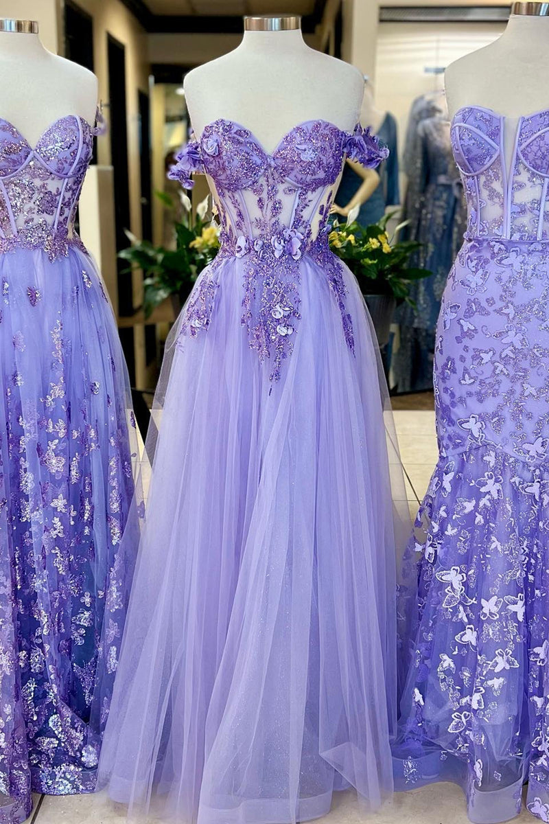 Load image into Gallery viewer, Light Purple Corset Tulle A Line Appliques Prom Dress