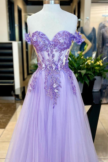 Light Purple Corset Tulle A Line Appliques Prom Dress