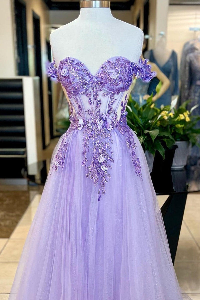 Load image into Gallery viewer, Light Purple Corset Tulle A Line Appliques Prom Dress