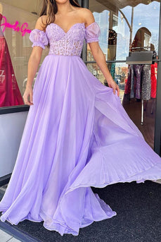 Tulle Light Purple Corset Pleated Removable Sleeves Prom Dress