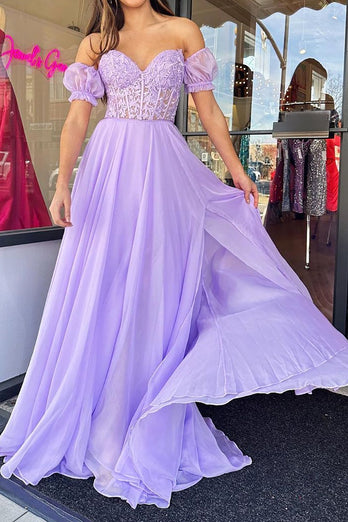 Tulle Light Purple Corset Pleated Removable Sleeves Prom Dress