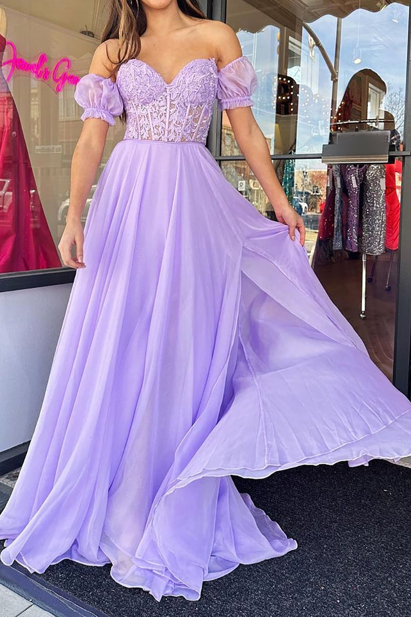 Load image into Gallery viewer, Tulle Light Purple Corset Pleated Removable Sleeves Prom Dress