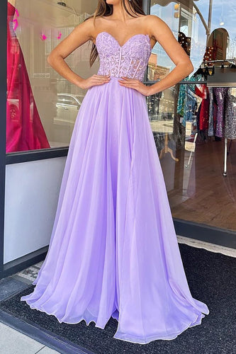 Tulle Light Purple Corset Pleated Removable Sleeves Prom Dress