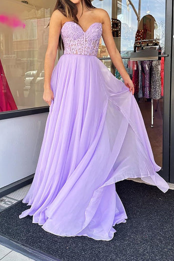 Tulle Light Purple Corset Pleated Removable Sleeves Prom Dress