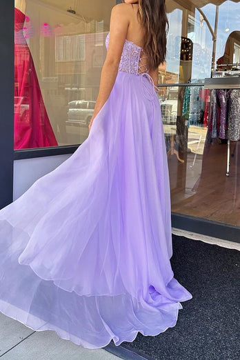 Tulle Light Purple Corset Pleated Removable Sleeves Prom Dress