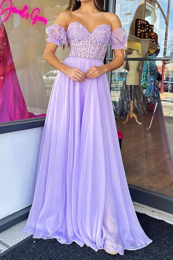 Tulle Light Purple Corset Pleated Removable Sleeves Prom Dress