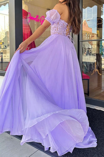 Tulle Light Purple Corset Pleated Removable Sleeves Prom Dress