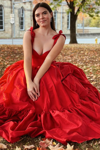 Pleated Red A Line Long Ball Prom Dress