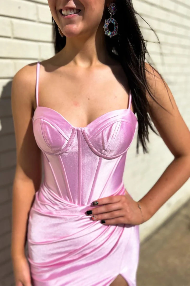 Load image into Gallery viewer, Pink Corset Pleated Mermaid Prom Dress with Slit