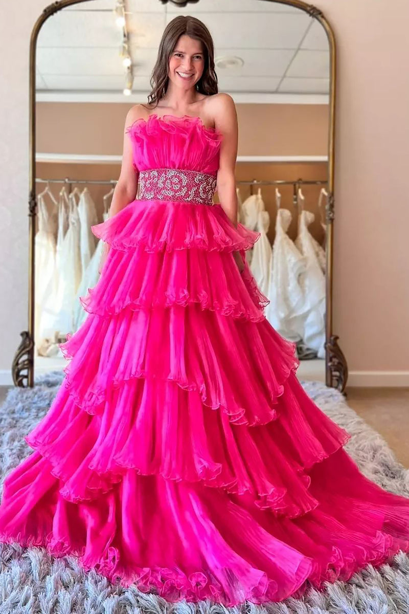 Load image into Gallery viewer, Tiered Tulle Hot Pink Pleated Prom Dress