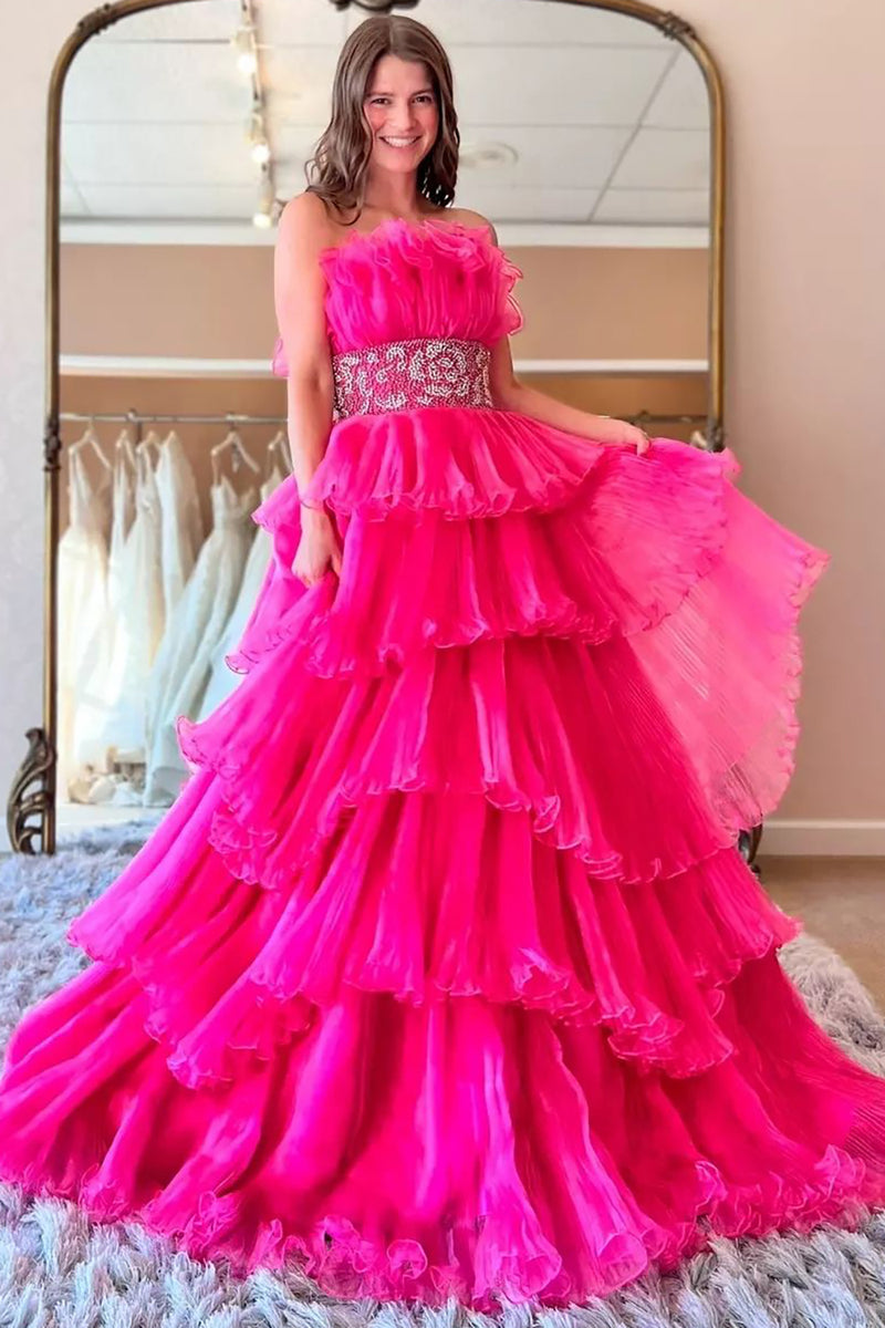 Load image into Gallery viewer, Tiered Tulle Hot Pink Pleated Prom Dress