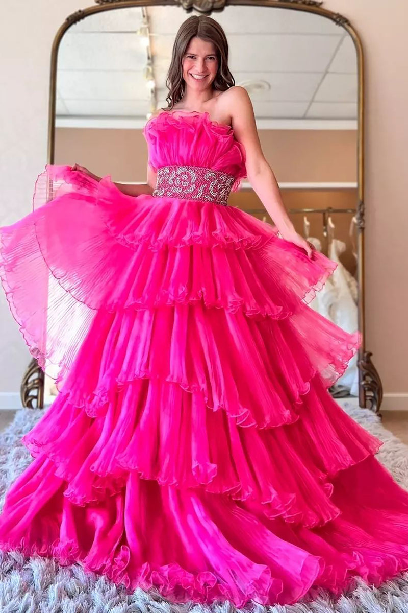 Load image into Gallery viewer, Tiered Tulle Hot Pink Pleated Prom Dress