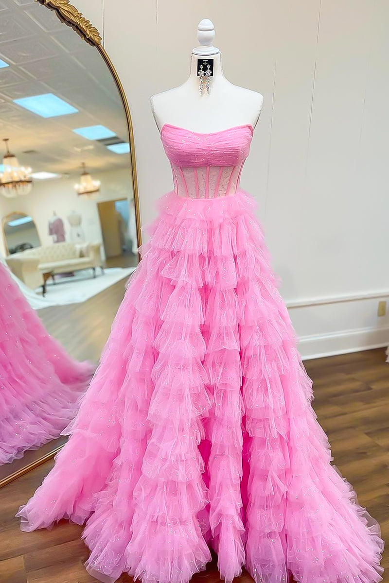 Load image into Gallery viewer, Tulle Pink Corset Strapless Sparkly Long Prom Dress