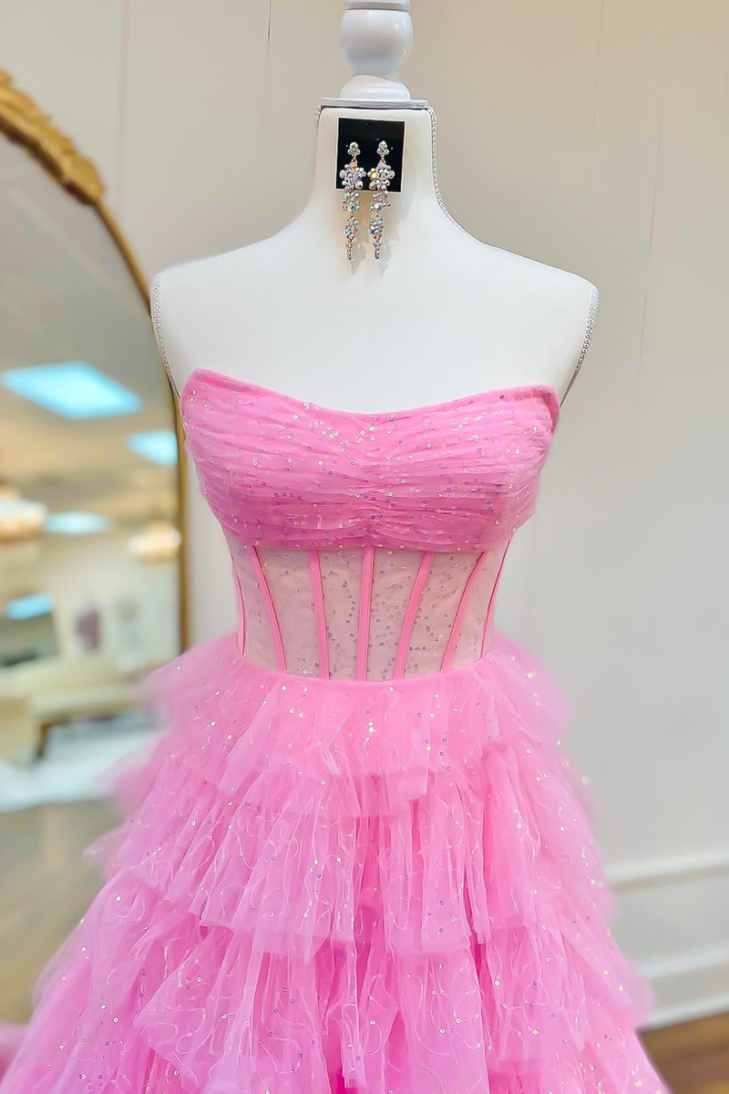 Load image into Gallery viewer, Tulle Pink Corset Strapless Sparkly Long Prom Dress