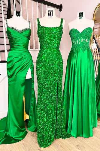 Sequins Sparkly Green Mermaid Square Neck Prom Dress with Slit