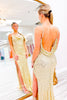 Load image into Gallery viewer, Golden Sparkly Beaded Mermaid Prom Dress with Slit