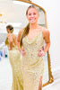 Load image into Gallery viewer, Golden Sparkly Beaded Mermaid Prom Dress with Slit