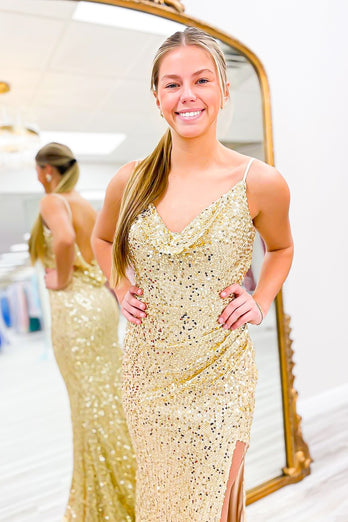 Golden Sparkly Beaded Mermaid Prom Dress with Slit