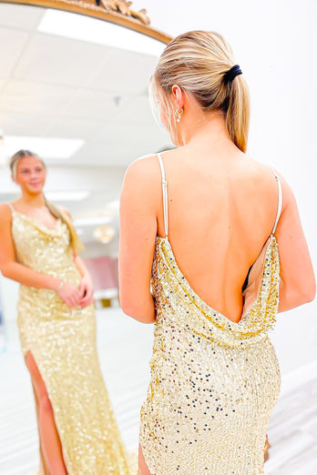 Golden Sparkly Beaded Mermaid Prom Dress with Slit