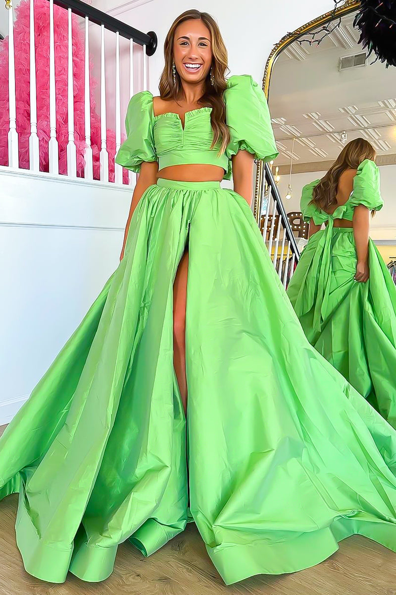 Load image into Gallery viewer, Green A Line Off the Shoulder Prom Dress with Slit