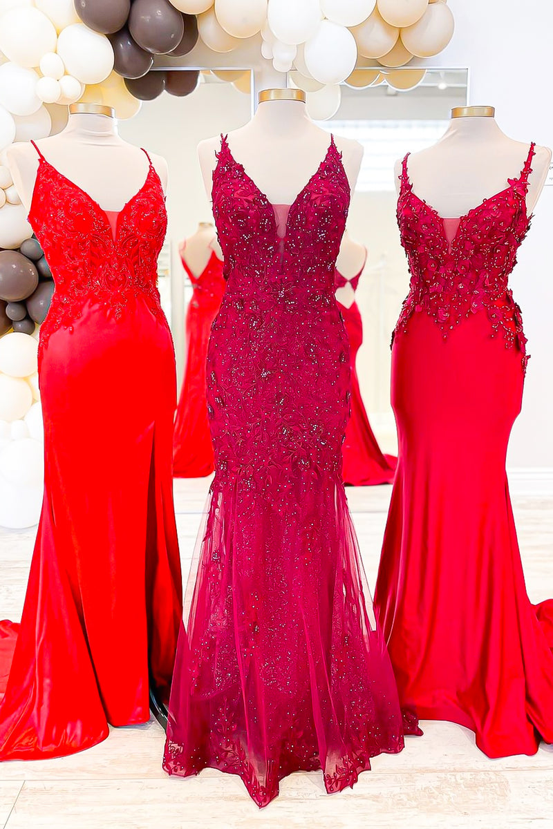 Load image into Gallery viewer, Burgundy Appliques Beaded Mermaid Prom Dress