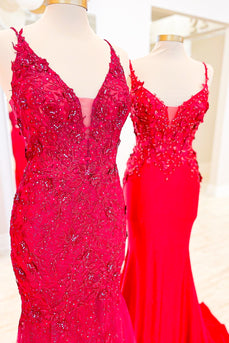 Burgundy Appliques Beaded Mermaid Prom Dress