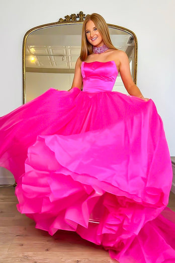 Sparkly A Line Strapless Hot Pink Long Prom Dress