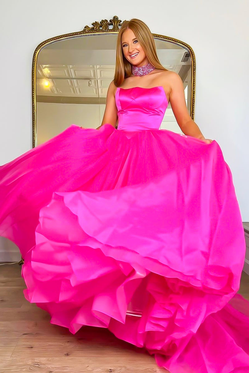 Load image into Gallery viewer, Sparkly A Line Strapless Hot Pink Long Prom Dress