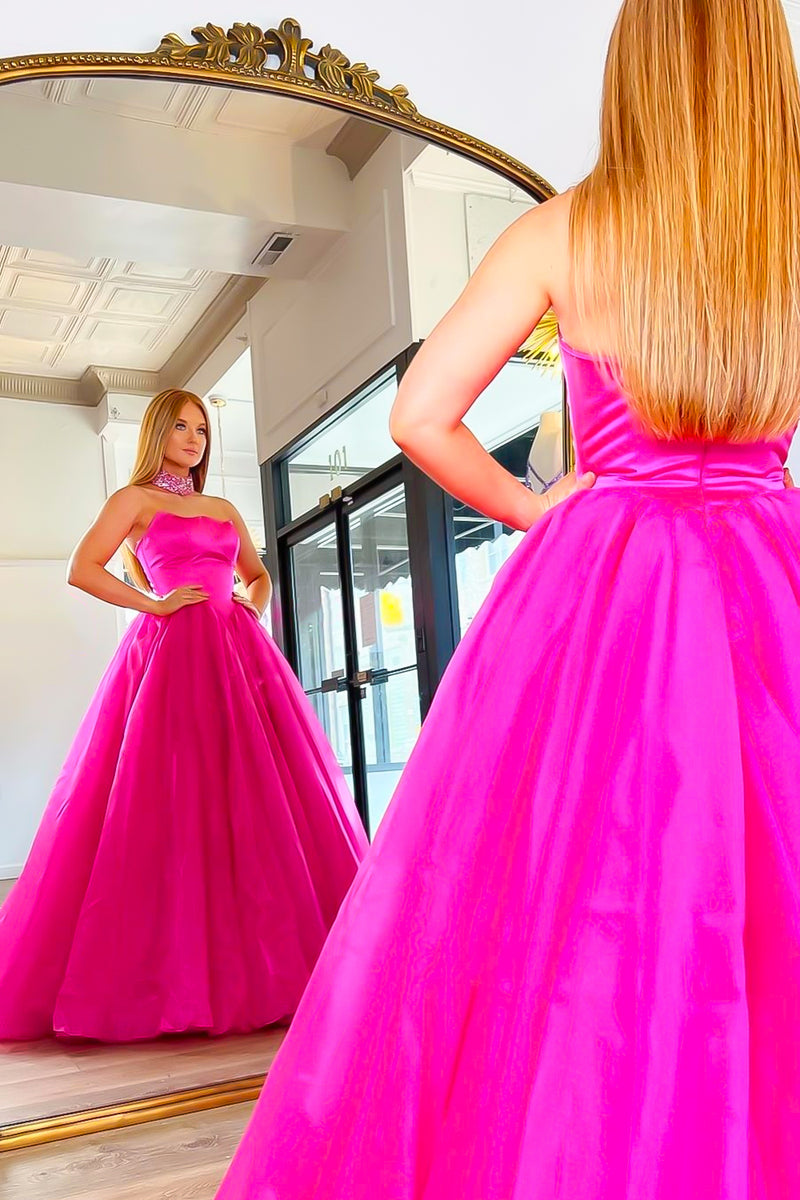 Load image into Gallery viewer, Sparkly A Line Strapless Hot Pink Long Prom Dress