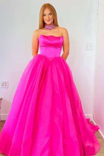 Sparkly A Line Strapless Hot Pink Long Prom Dress