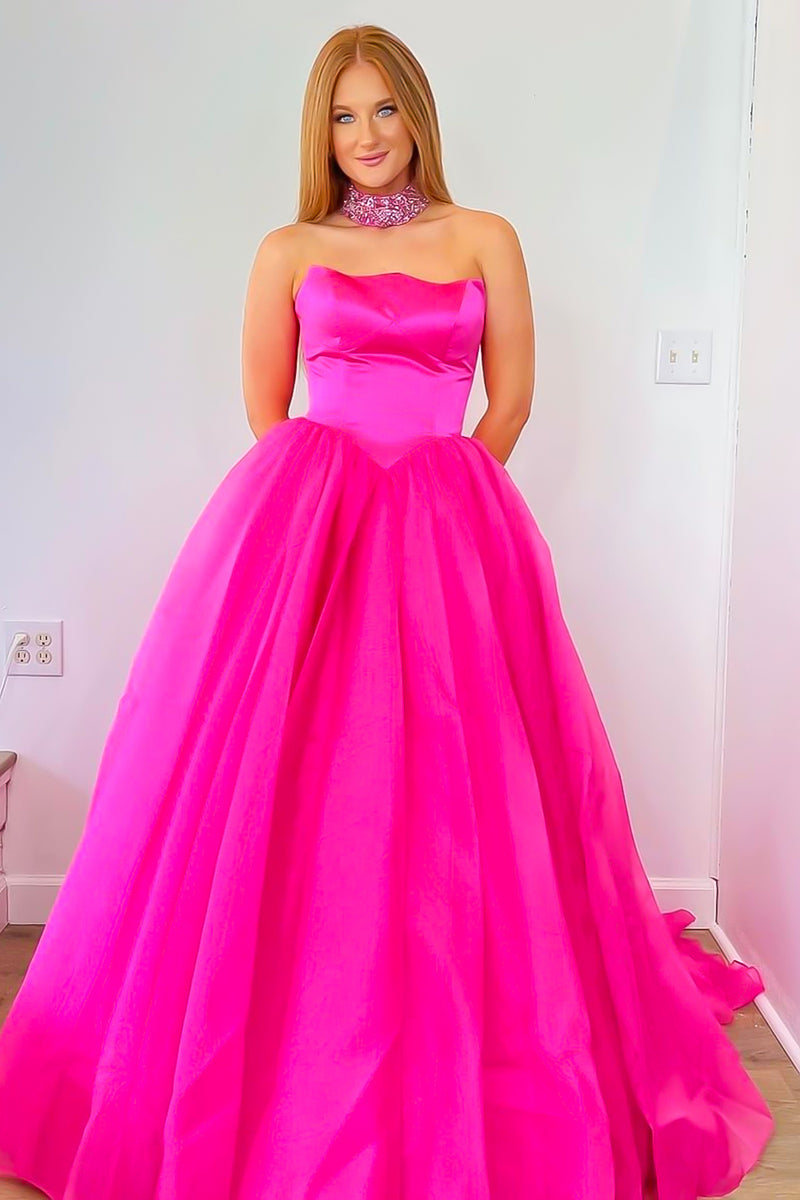 Load image into Gallery viewer, Sparkly A Line Strapless Hot Pink Long Prom Dress