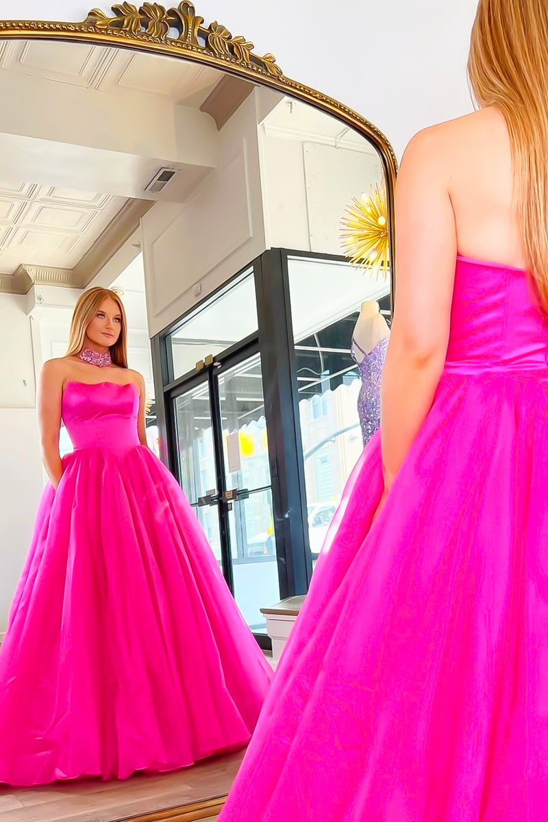 Load image into Gallery viewer, Sparkly A Line Strapless Hot Pink Long Prom Dress