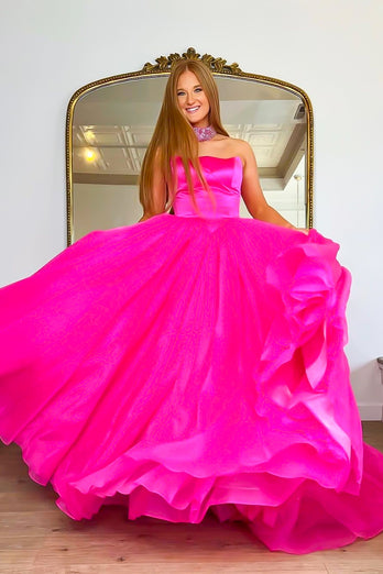 Sparkly A Line Strapless Hot Pink Long Prom Dress