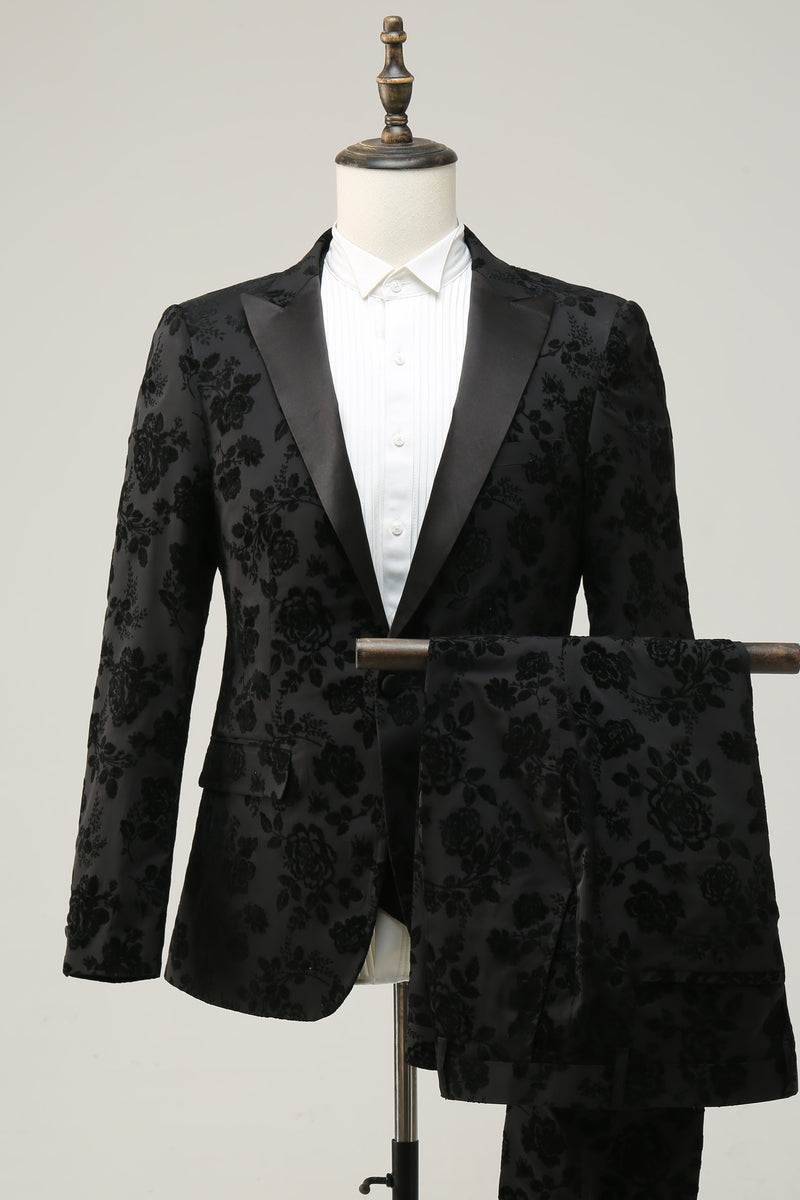 Load image into Gallery viewer, Black Peak Lapel Jacquard Men&#39;s Prom Suits