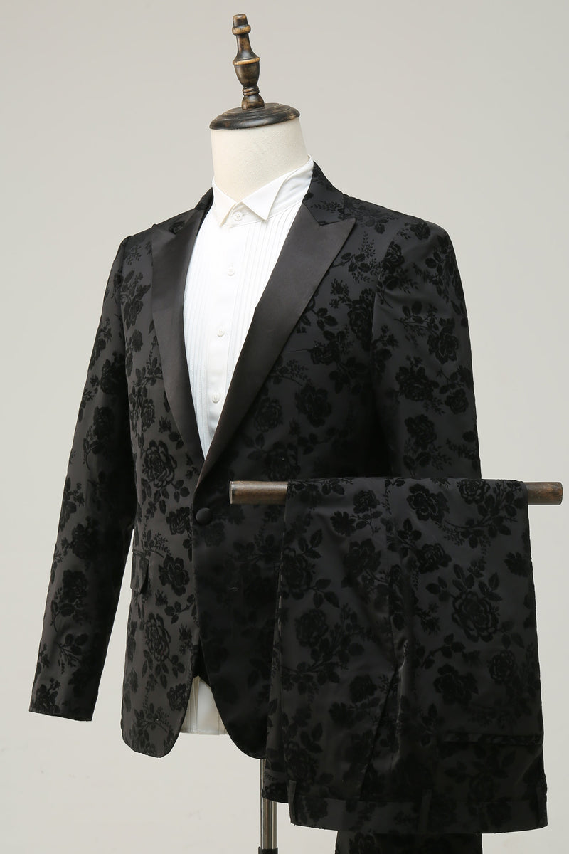 Load image into Gallery viewer, Black Peak Lapel Jacquard Men&#39;s Prom Suits