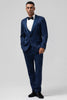 Load image into Gallery viewer, Dark Blue 3 Piece Peak Lapel Jacquard One Button Men&#39;s Prom Suits