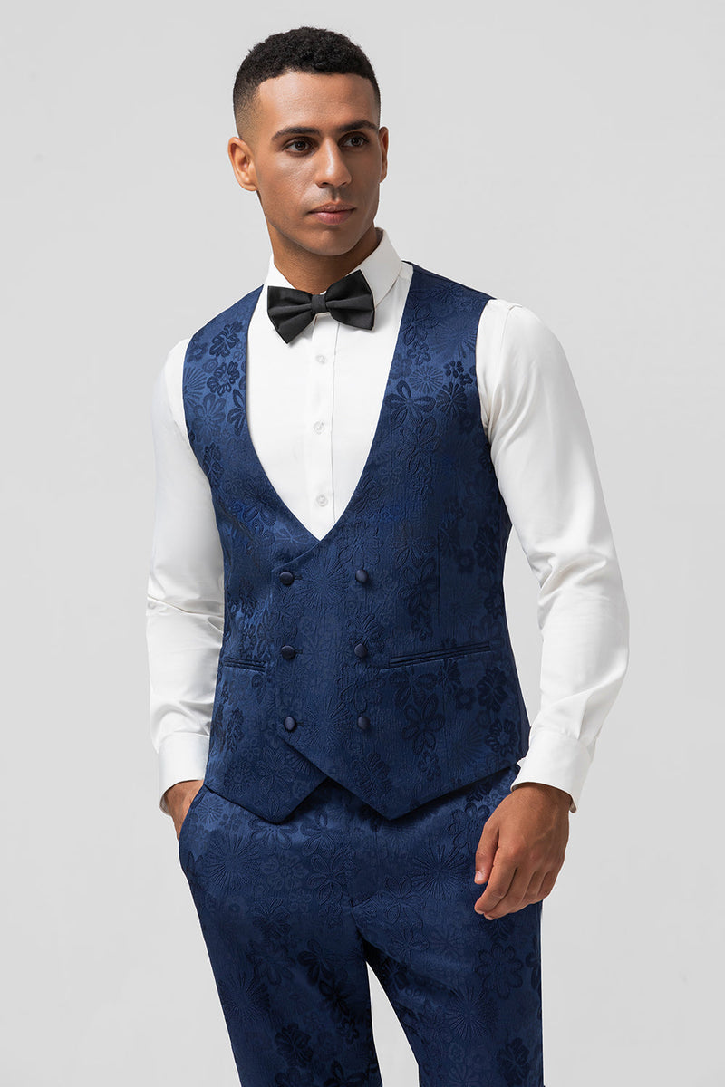 Load image into Gallery viewer, Dark Blue 3 Piece Peak Lapel Jacquard One Button Men&#39;s Prom Suits