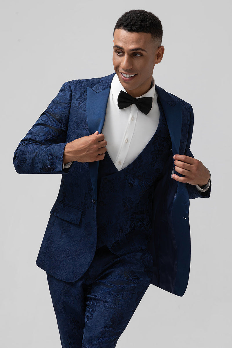 Load image into Gallery viewer, Dark Blue 3 Piece Peak Lapel Jacquard One Button Men&#39;s Prom Suits