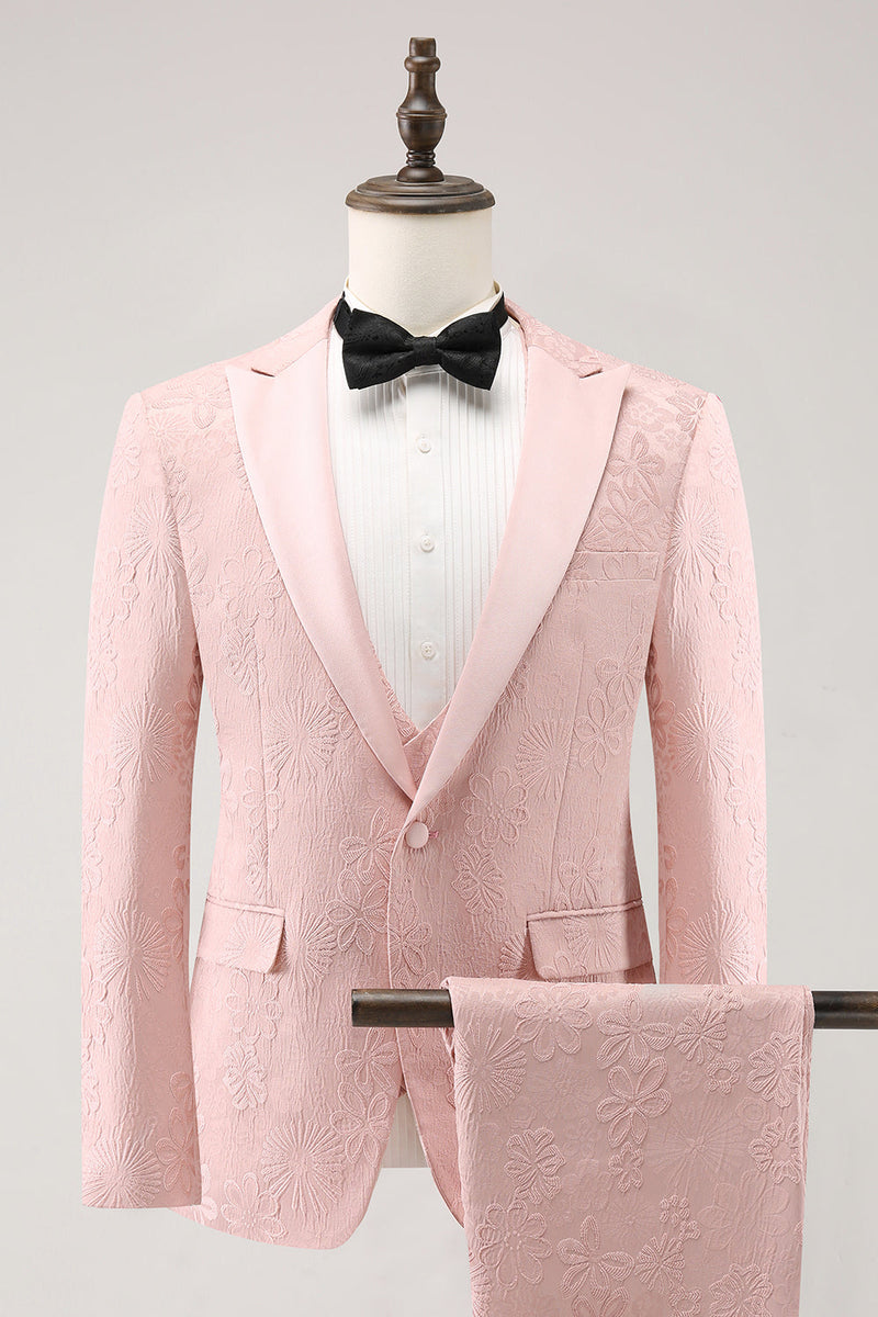 Load image into Gallery viewer, Light Pink 3 Piece Peak Lapel Jacquard One Button Men&#39;s Prom Suits