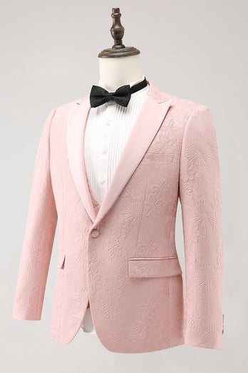 Light Pink 3 Piece Peak Lapel Jacquard One Button Men's Prom Suits