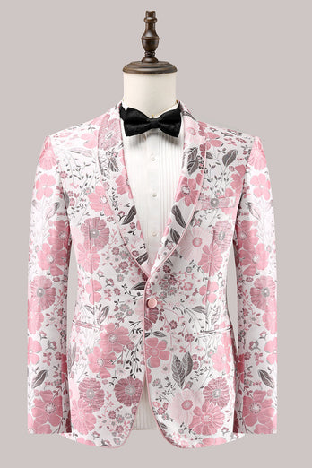 Pink Shawl Lapel Floral Jacquard One Button Men's Prom Blazer