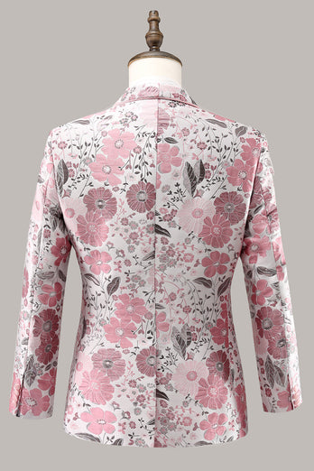 Pink Shawl Lapel Floral Jacquard One Button Men's Prom Blazer