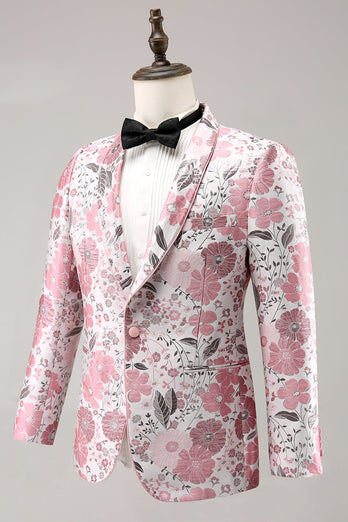 Pink Shawl Lapel Floral Jacquard One Button Men's Prom Blazer