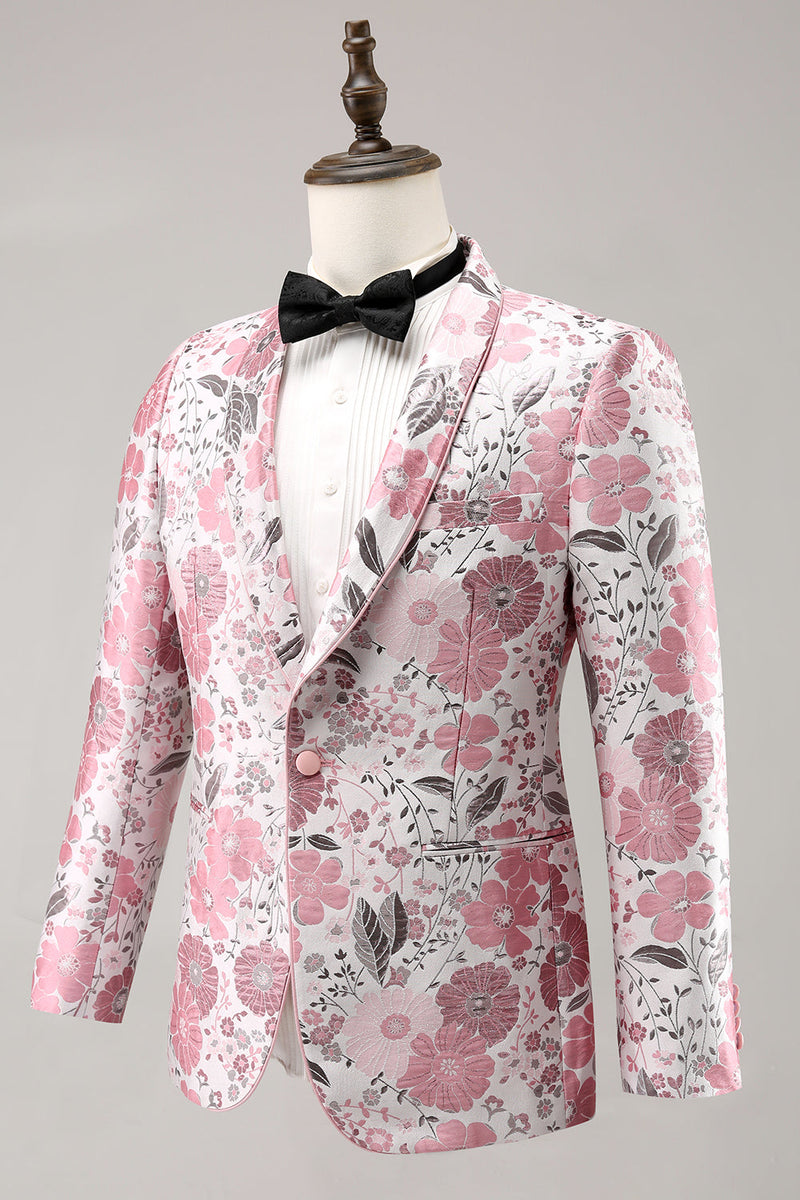 Load image into Gallery viewer, Pink Shawl Lapel Floral Jacquard One Button Men&#39;s Prom Blazer