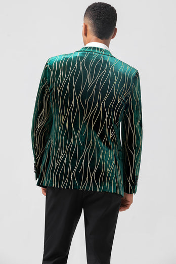 Dark Green Jacquard Peak Lapel One Button Velvet Stripe Men's Blazer