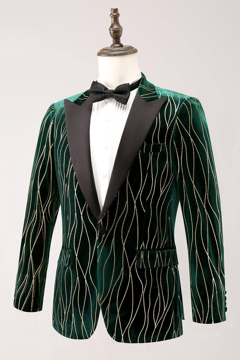 Load image into Gallery viewer, Dark Green Jacquard Peak Lapel One Button Velvet Stripe Men&#39;s Blazer